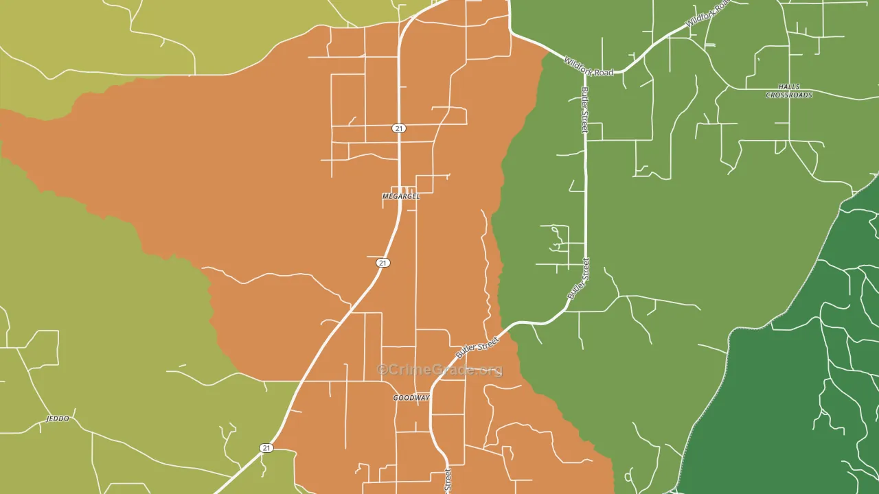 Megargel, AL Map of Robbery Rates