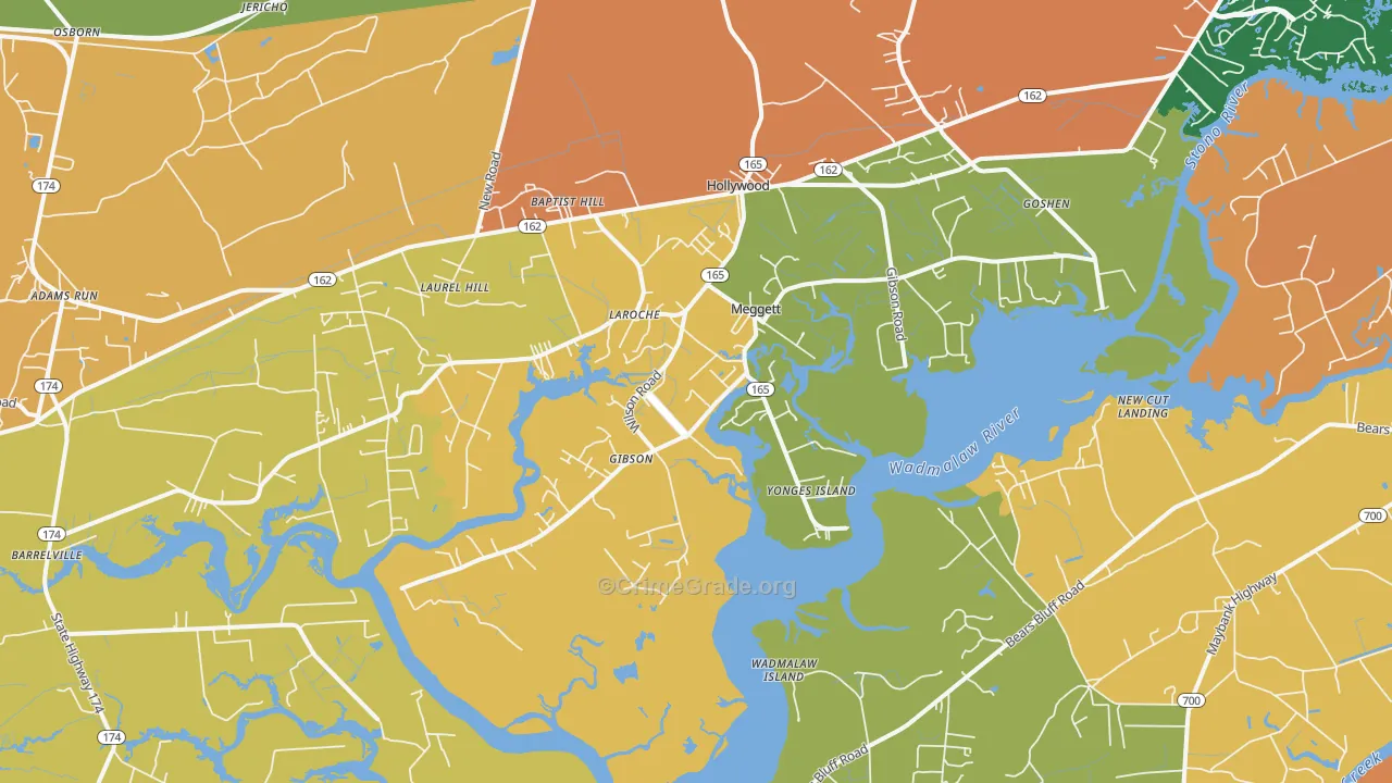 Meggett, SC Map of Robbery Rates