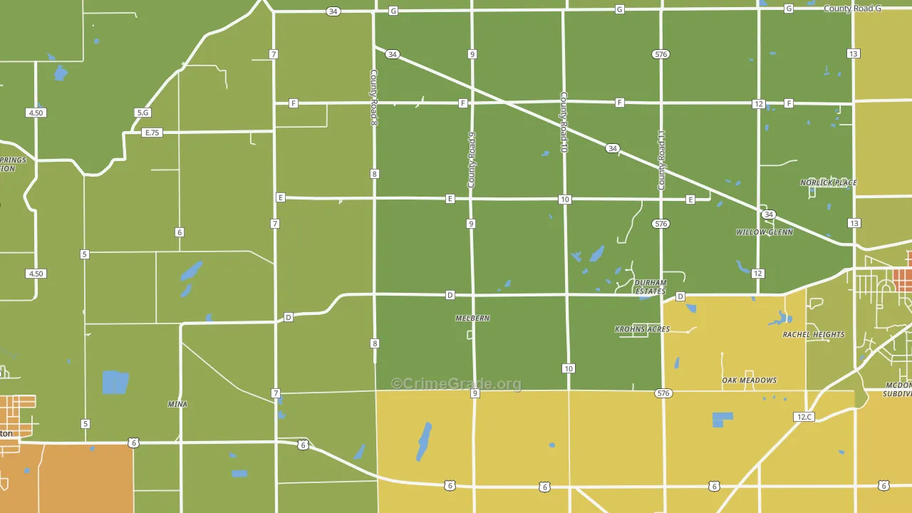 Melbern, OH Map of Robbery Rates
