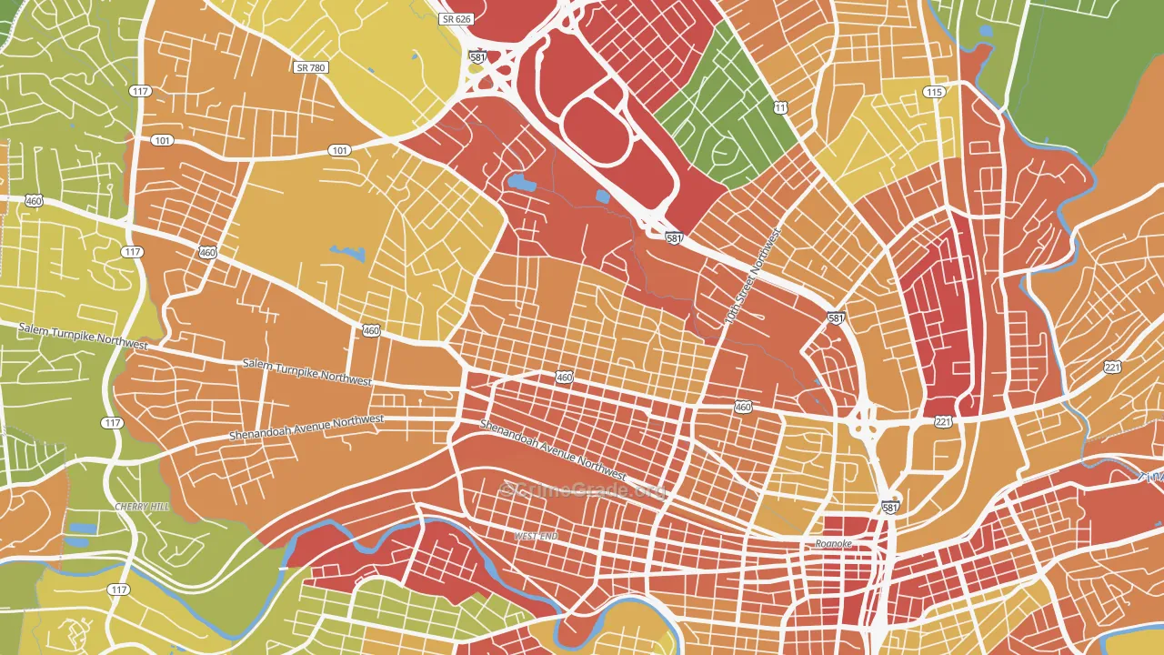 Melrose-Rugby, Roanoke, VA Map of Robbery Rates