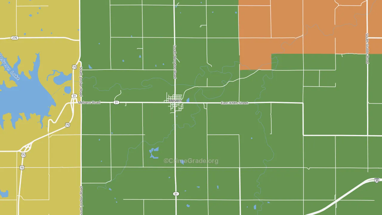 Melvern, KS Map of Robbery Rates
