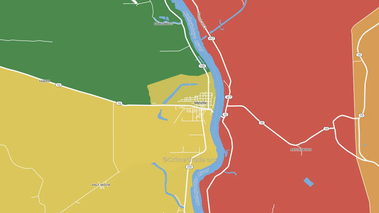 Melville, LA Map of Robbery Rates