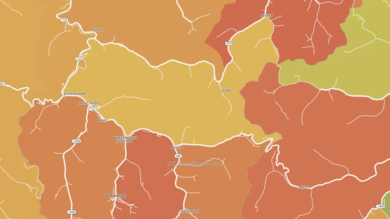 Melvin, KY Map of Robbery Rates