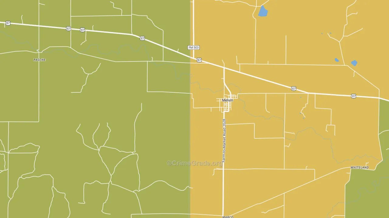 Melvin, TX Map of Robbery Rates