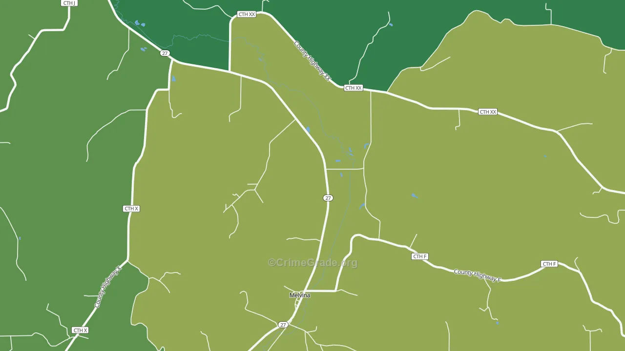 Melvina, WI Map of Robbery Rates