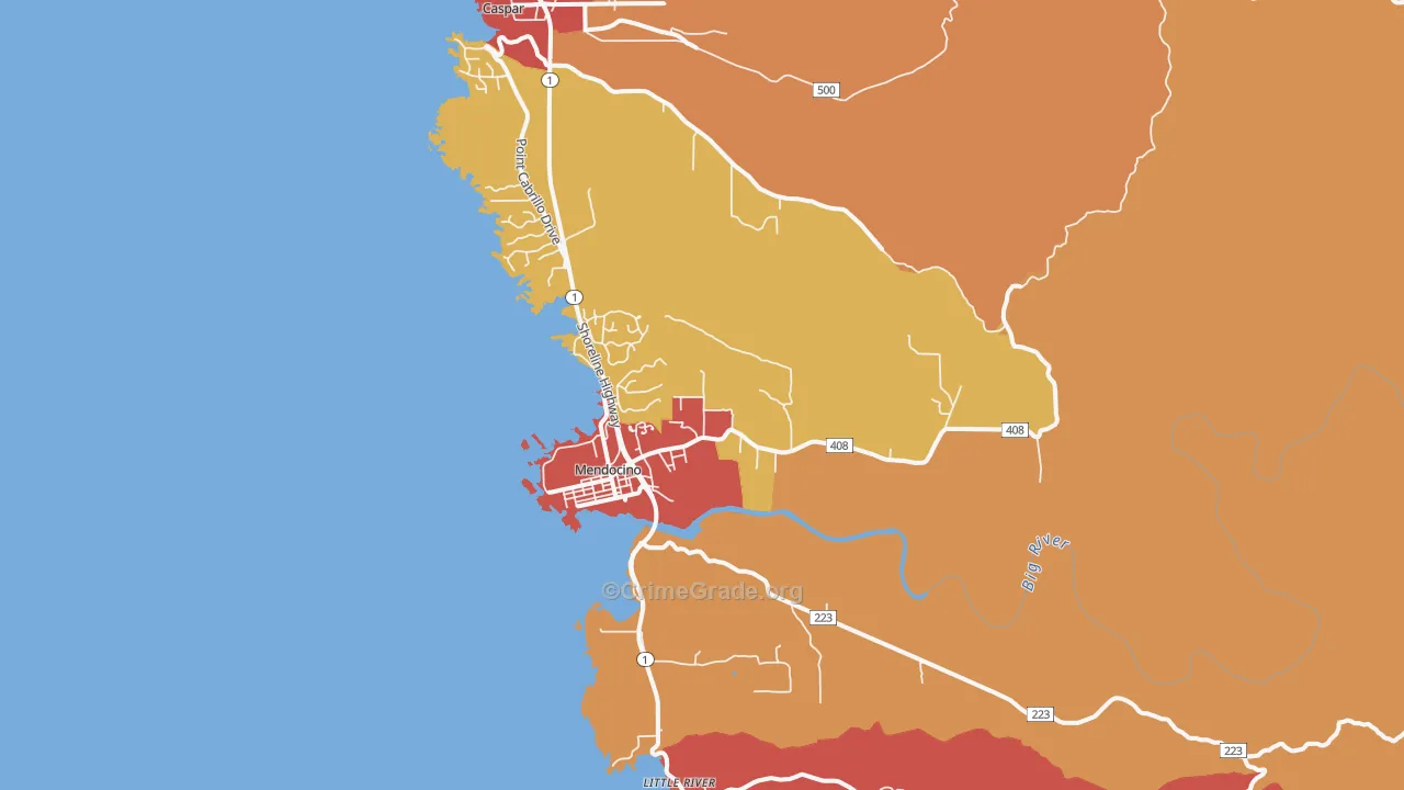 Mendocino, CA Map of Robbery Rates
