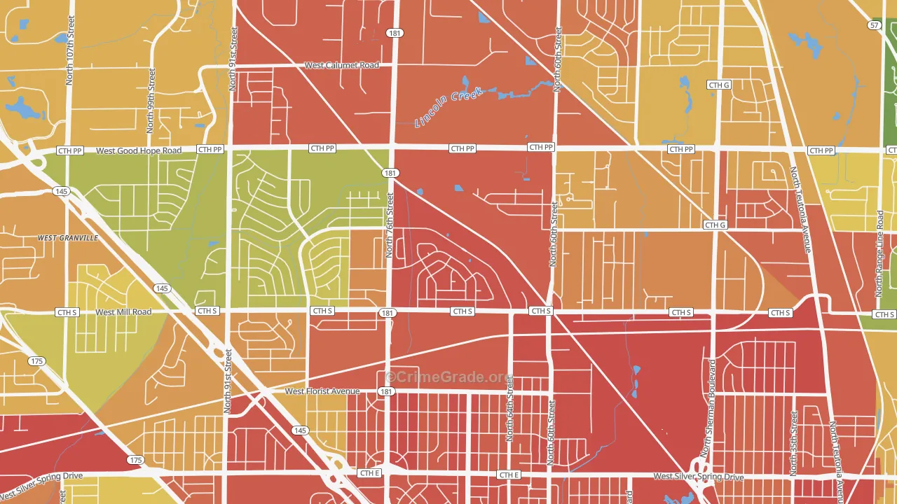 Menomonee River Hills East, Milwaukee, WI Map of Robbery Rates