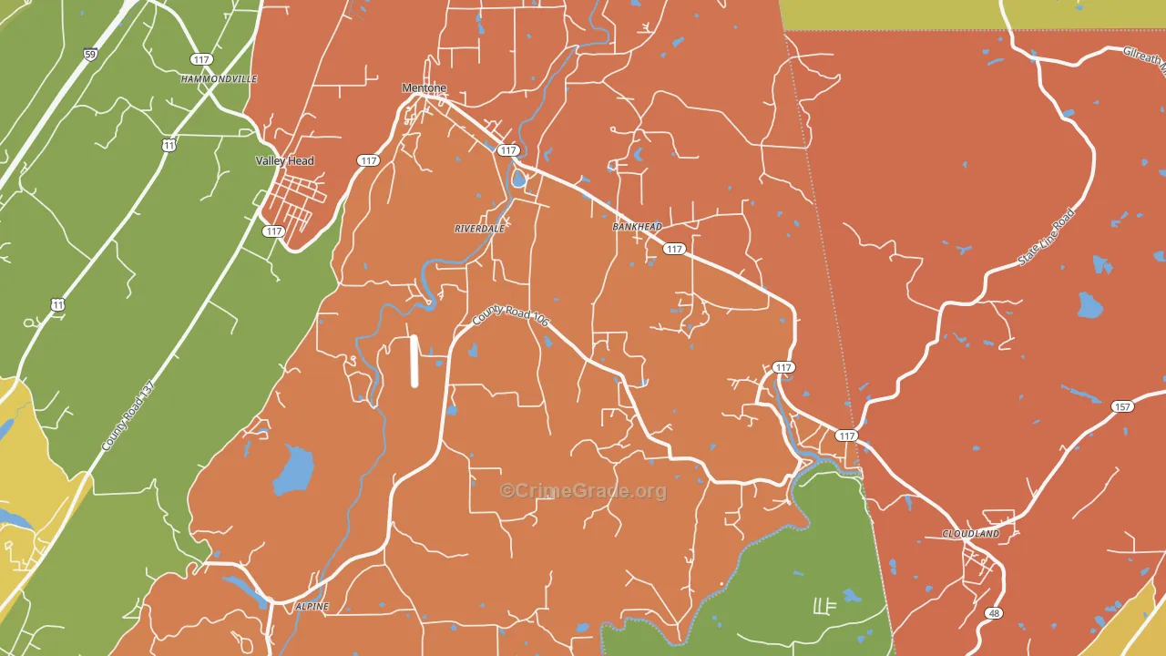 Mentone, AL Map of Robbery Rates