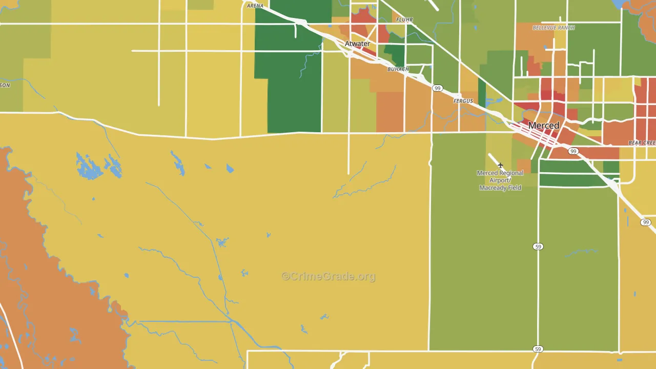 Merced County, CA Map of Robbery Rates