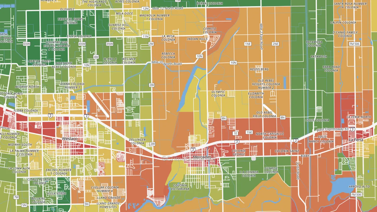 Mercedes, TX Map of Robbery Rates