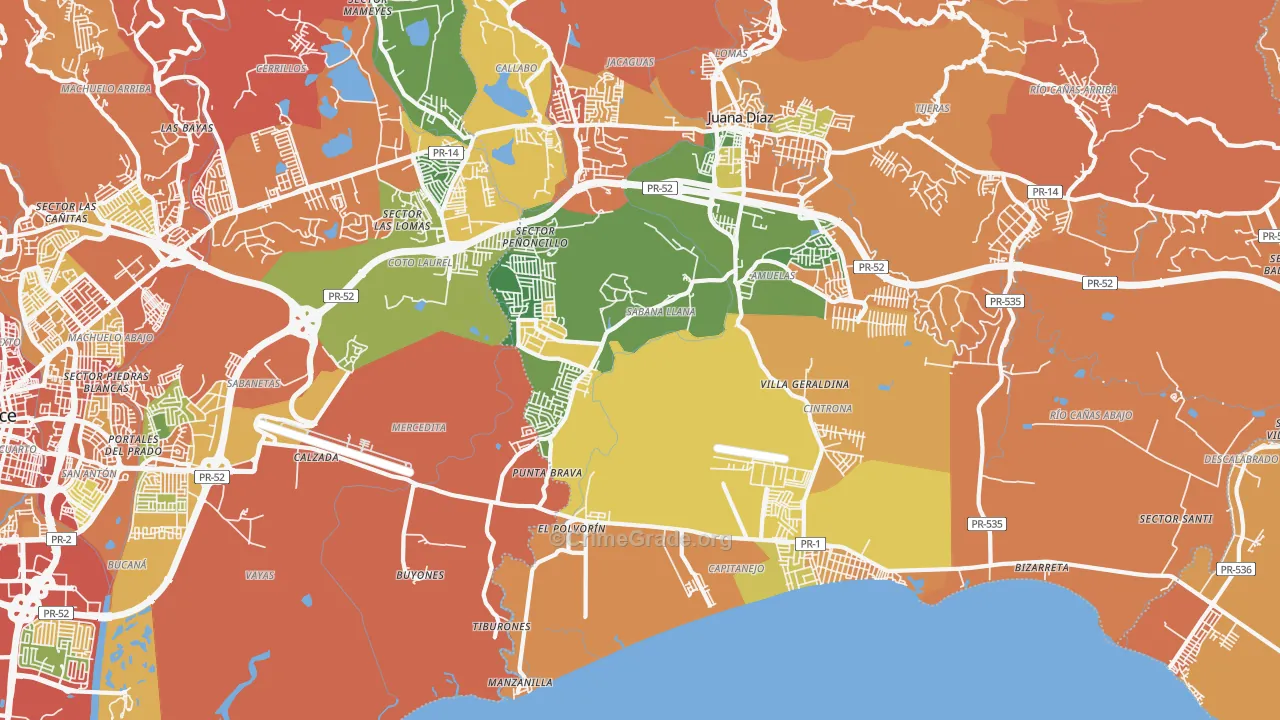 Mercedita, PR Map of Robbery Rates