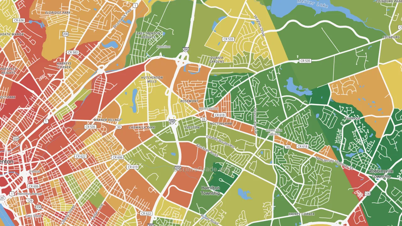 Mercerville, NJ Map of Robbery Rates