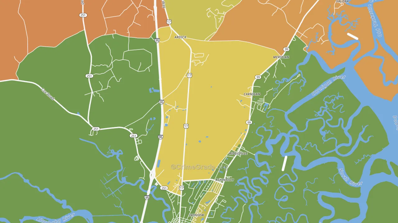 Meridian, GA Map of Robbery Rates