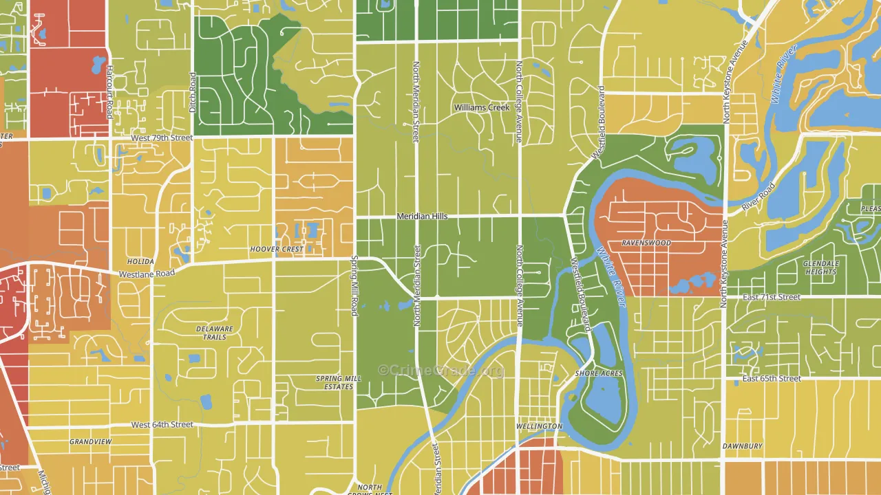 Meridian Hills, IN Map of Robbery Rates