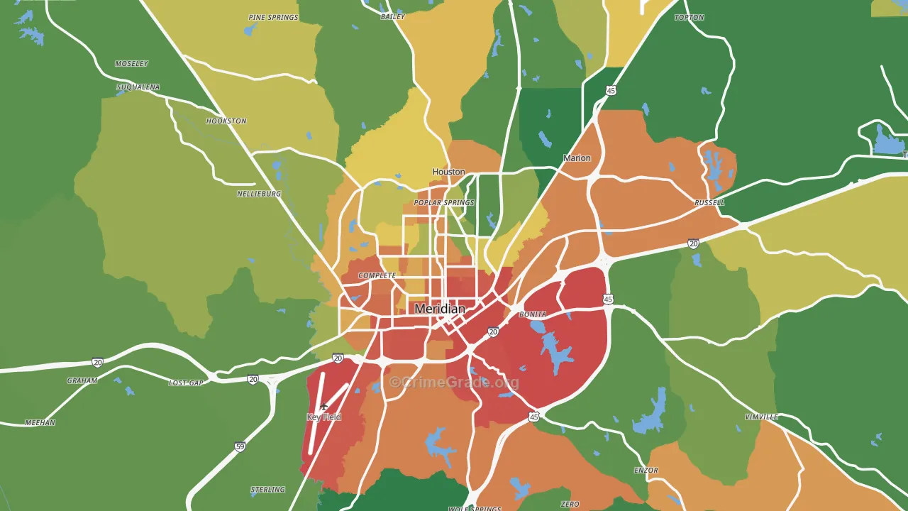 Meridian, MS Map of Robbery Rates