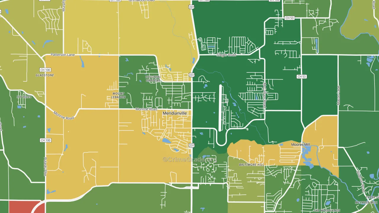 Meridianville, AL Map of Robbery Rates