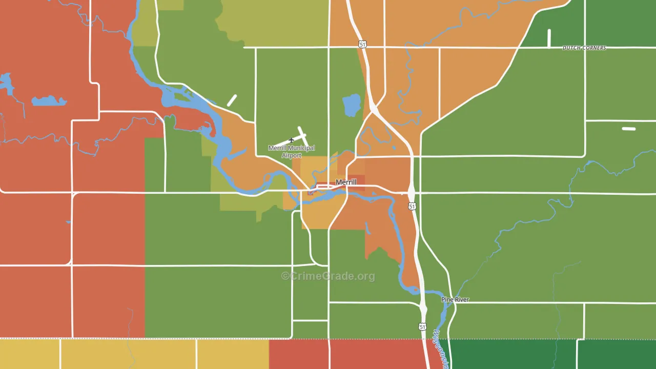 Merrill, WI Map of Robbery Rates