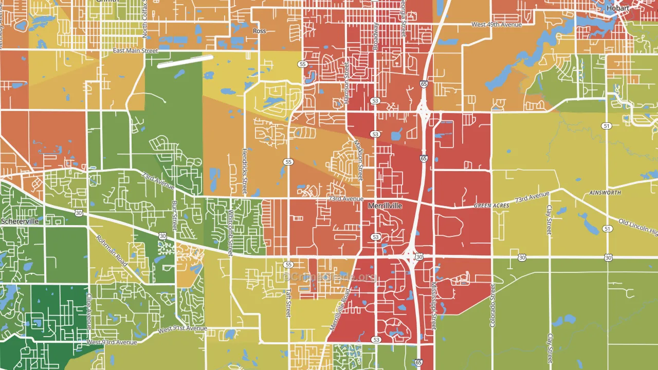 Merrillville, IN Map of Robbery Rates