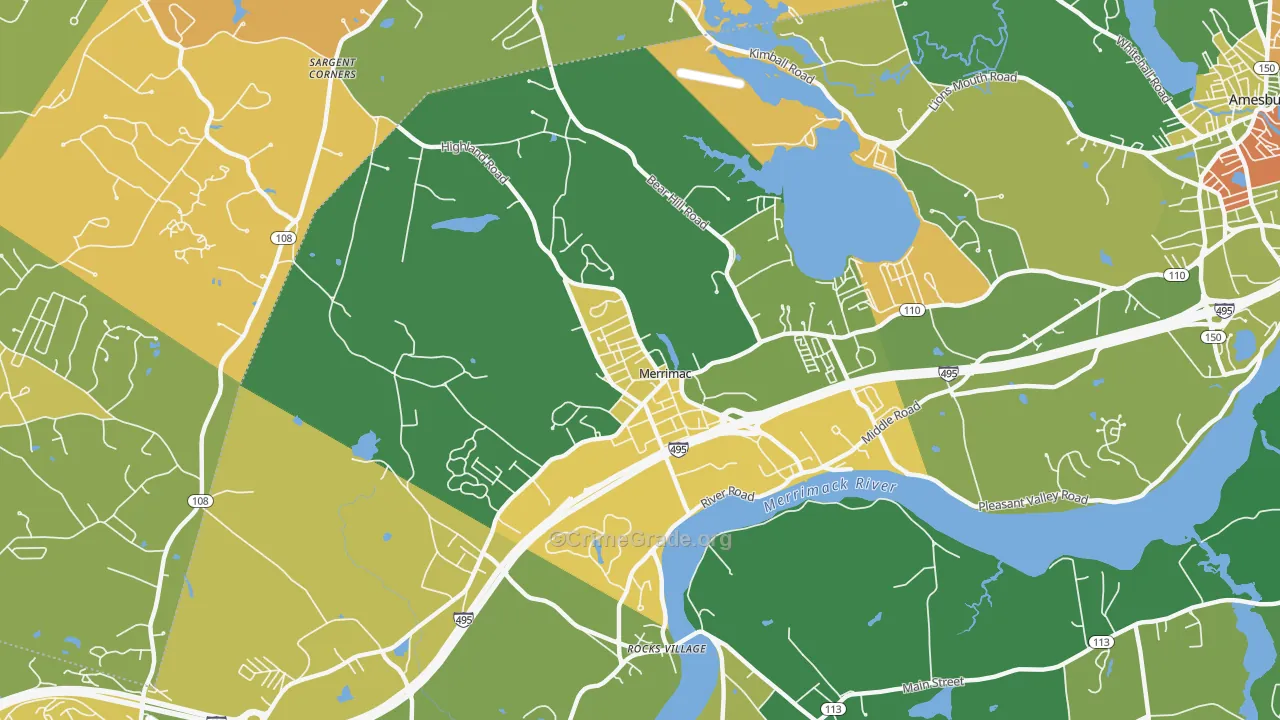 Merrimac, MA Map of Robbery Rates
