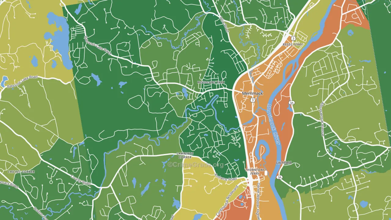 Merrimack, NH Map of Robbery Rates