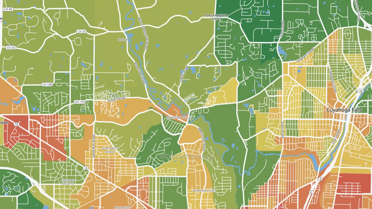 Merriman Valley, Akron, OH Map of Robbery Rates
