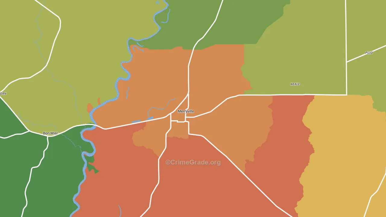 Merryville, LA Map of Robbery Rates