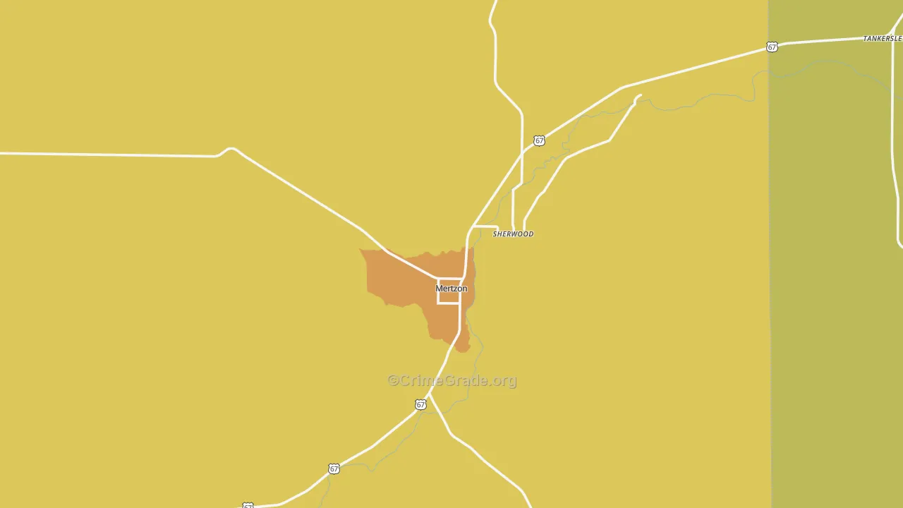 Mertzon, TX Map of Robbery Rates