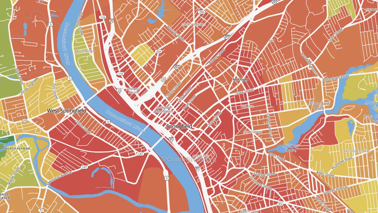Metro Center, Springfield, MA Map of Robbery Rates