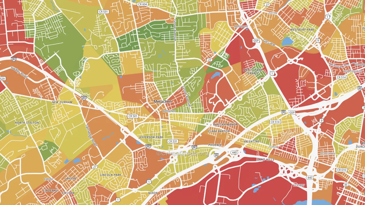 Metuchen, NJ Map of Robbery Rates