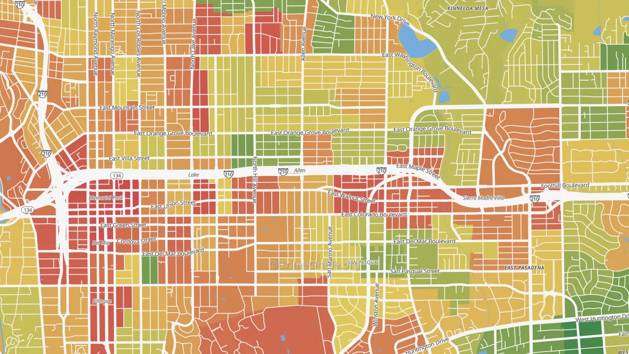 Mid Central, Pasadena, CA Map of Robbery Rates
