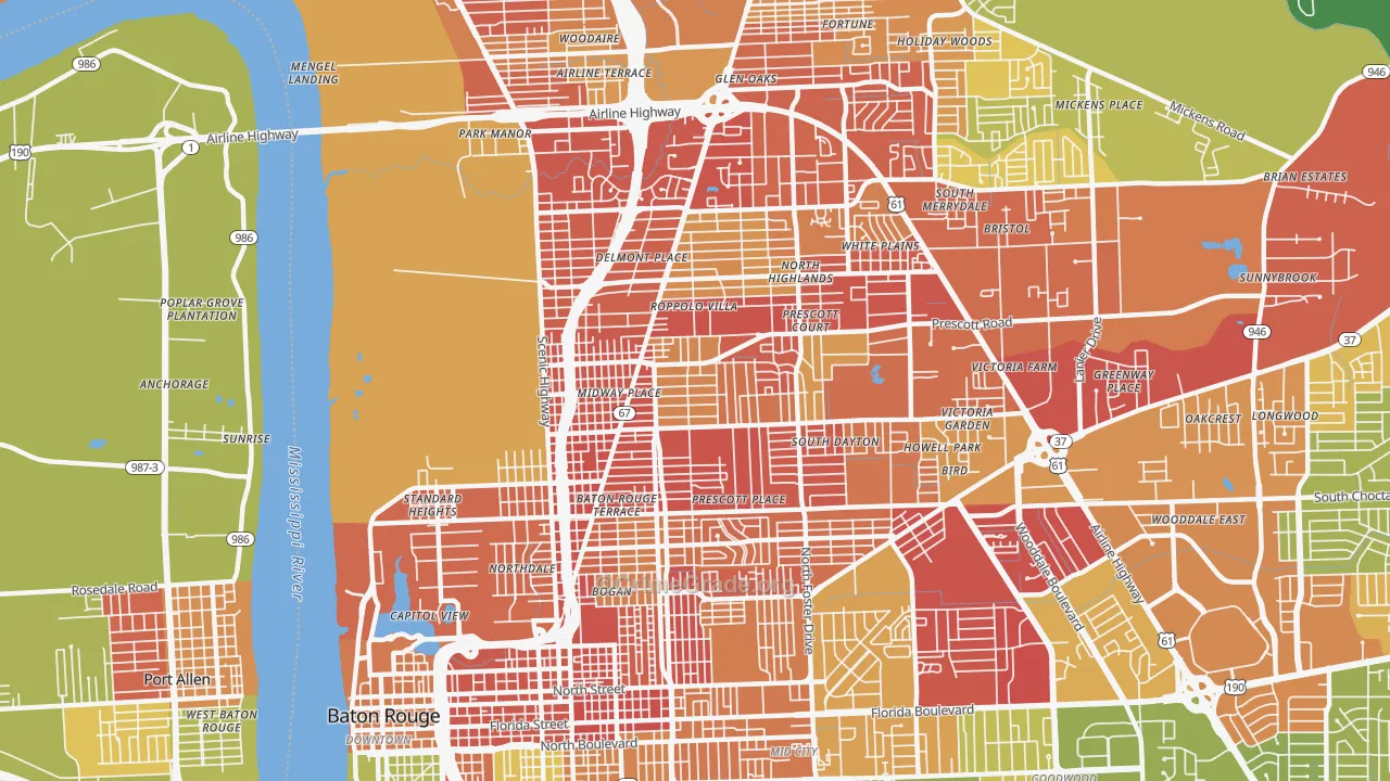 Mid City North, Baton Rouge, LA Map of Robbery Rates