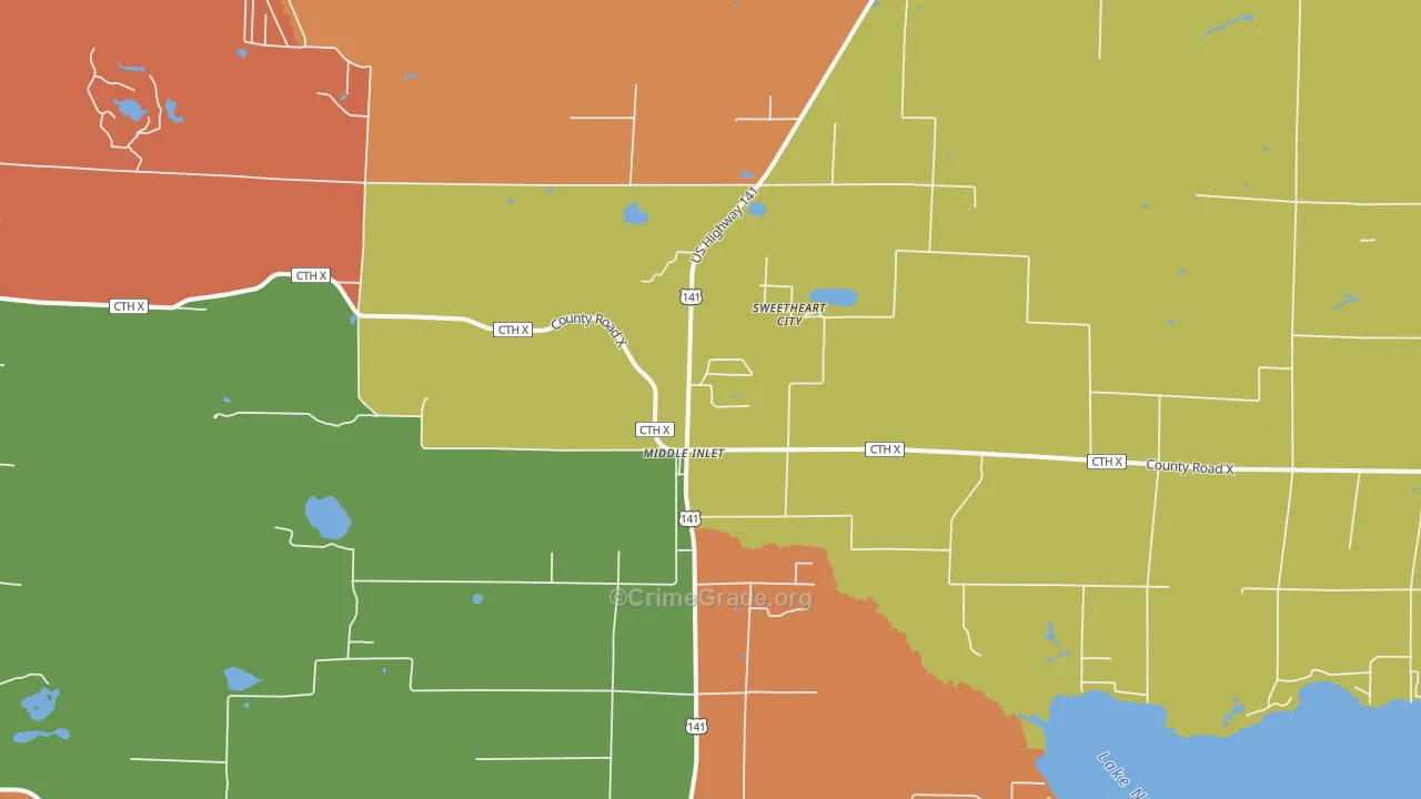 Middle Inlet, WI Map of Robbery Rates