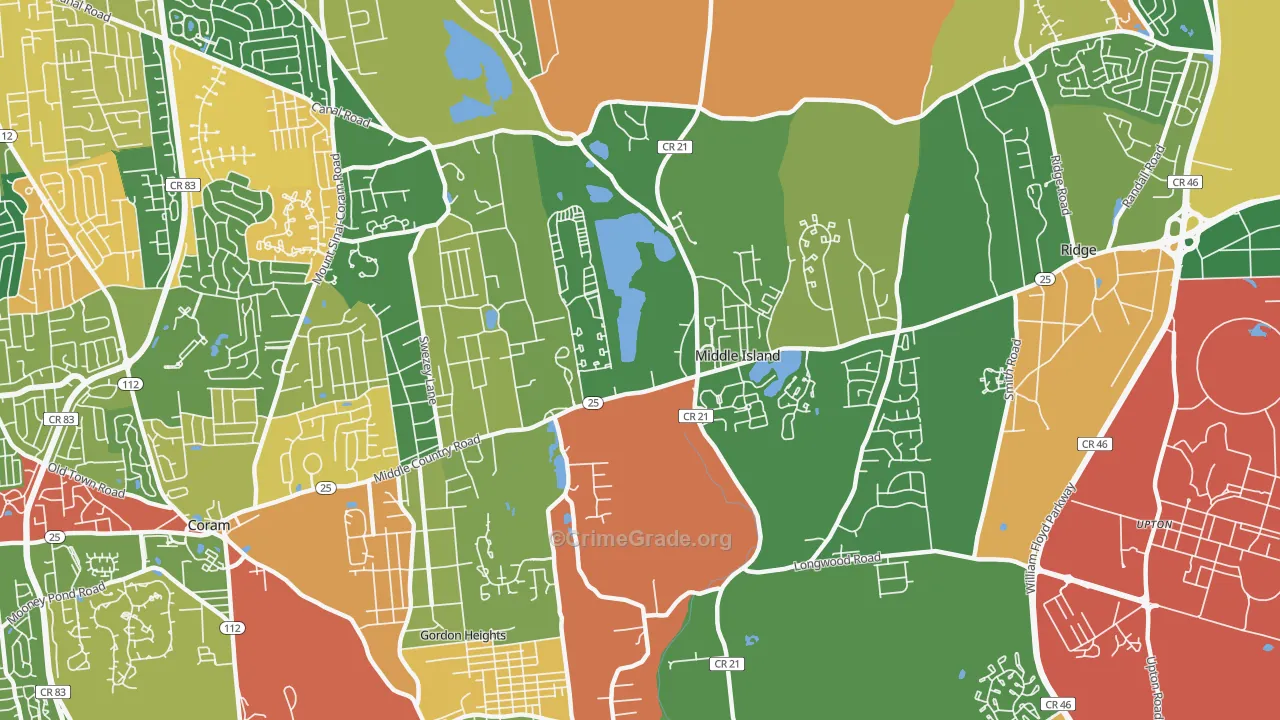Middle Island, NY Map of Robbery Rates