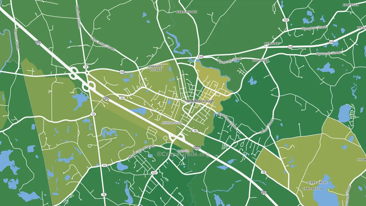 Middleborough Center, MA Map of Robbery Rates