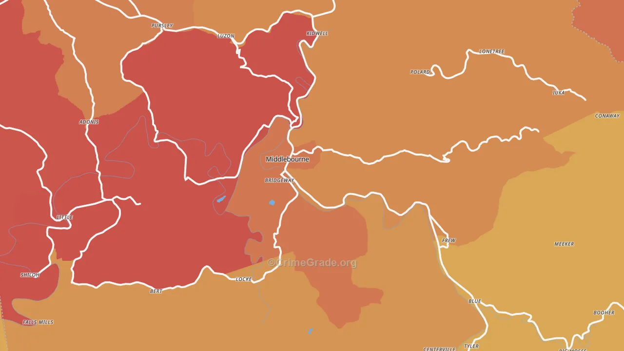 Middlebourne, WV Map of Robbery Rates