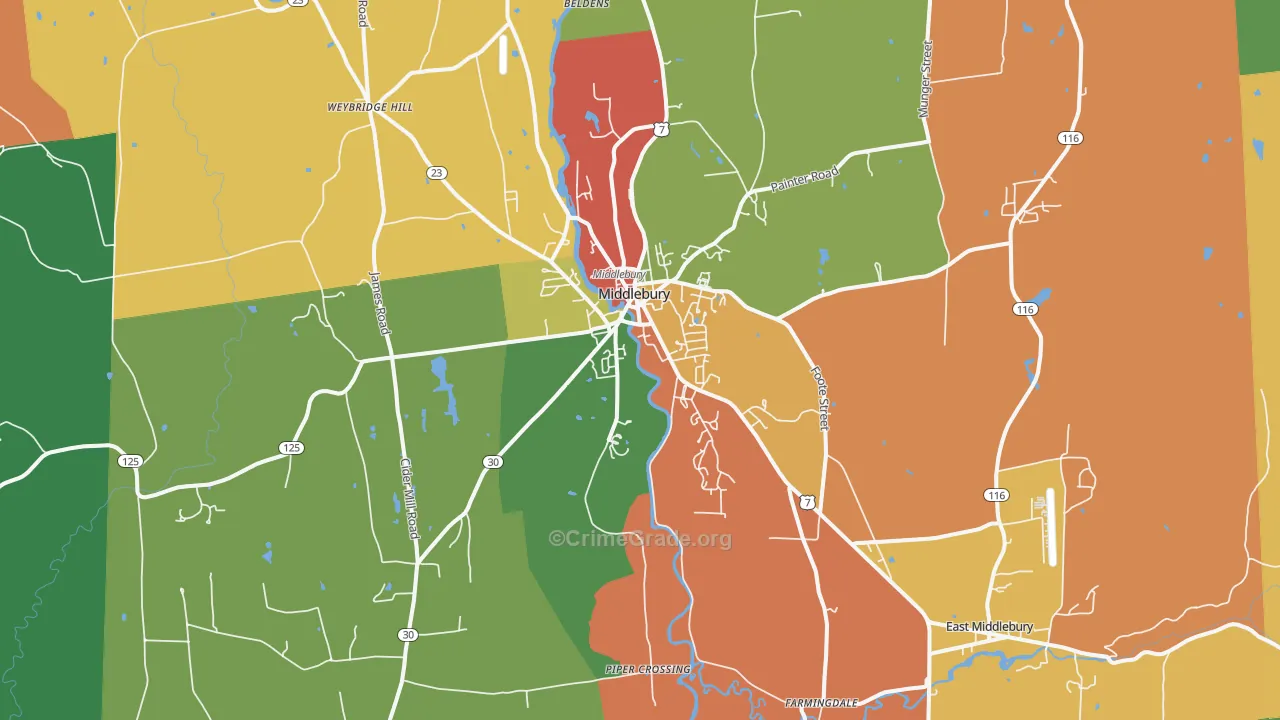 Middlebury, VT Map of Robbery Rates