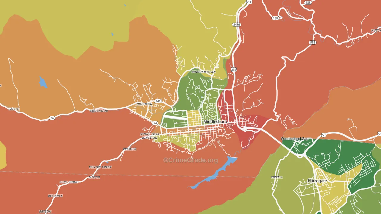 Middlesboro, KY Map of Robbery Rates