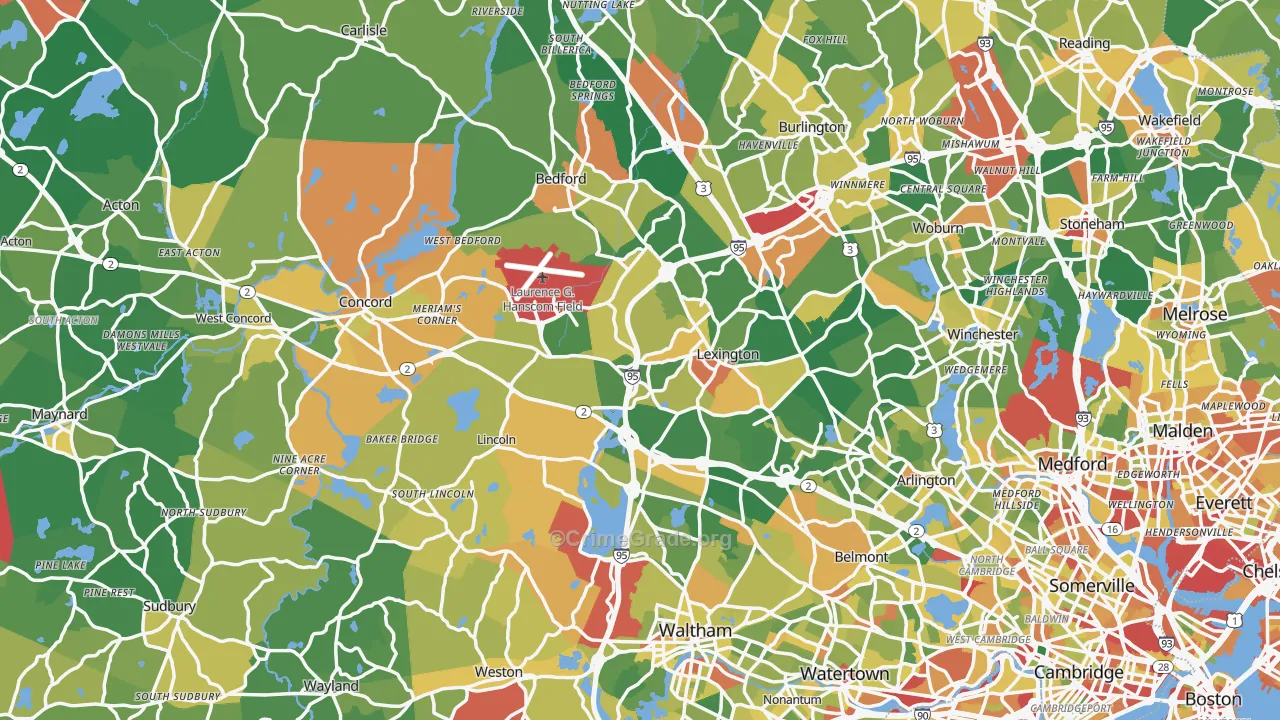 Middlesex County, MA Map of Robbery Rates