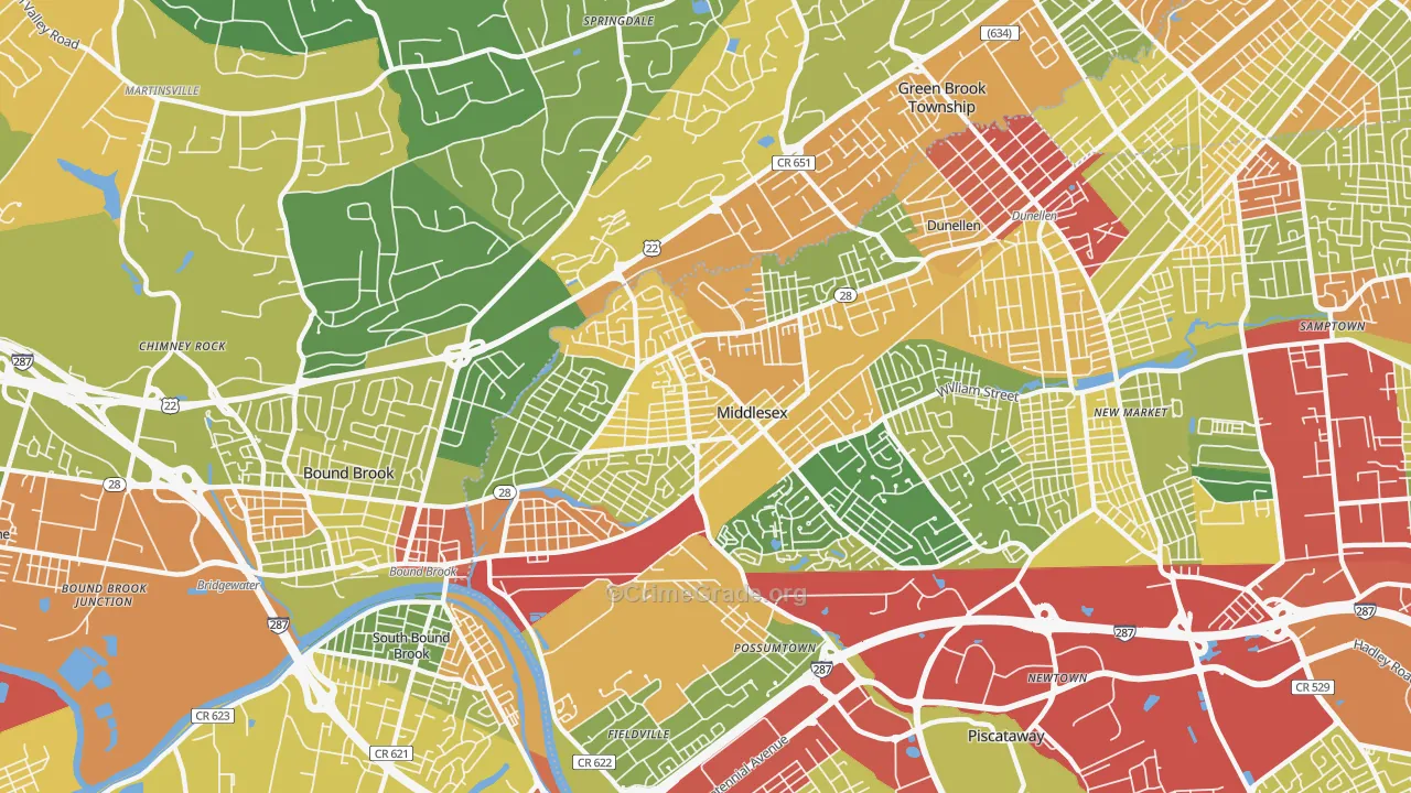 Middlesex, NJ Map of Robbery Rates