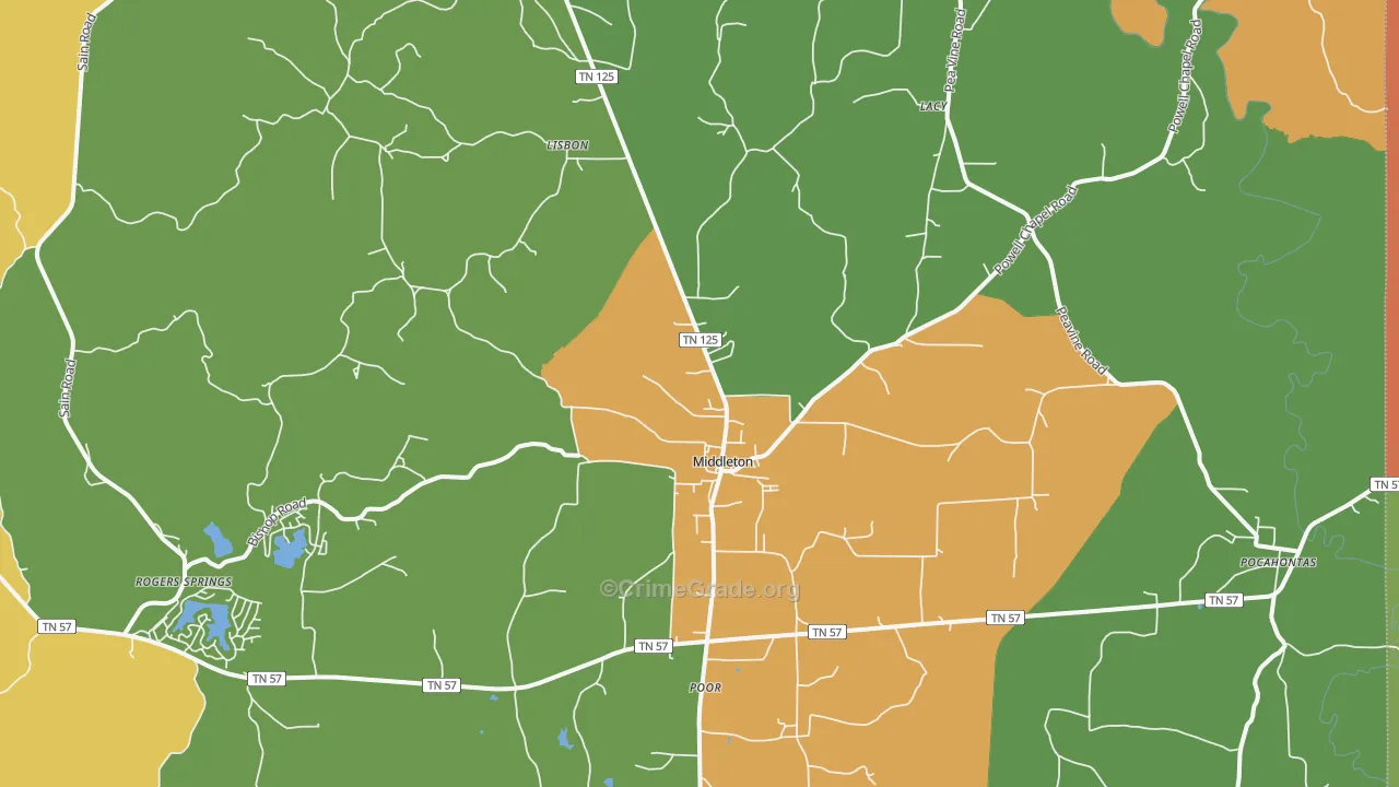 Middleton, TN Map of Robbery Rates