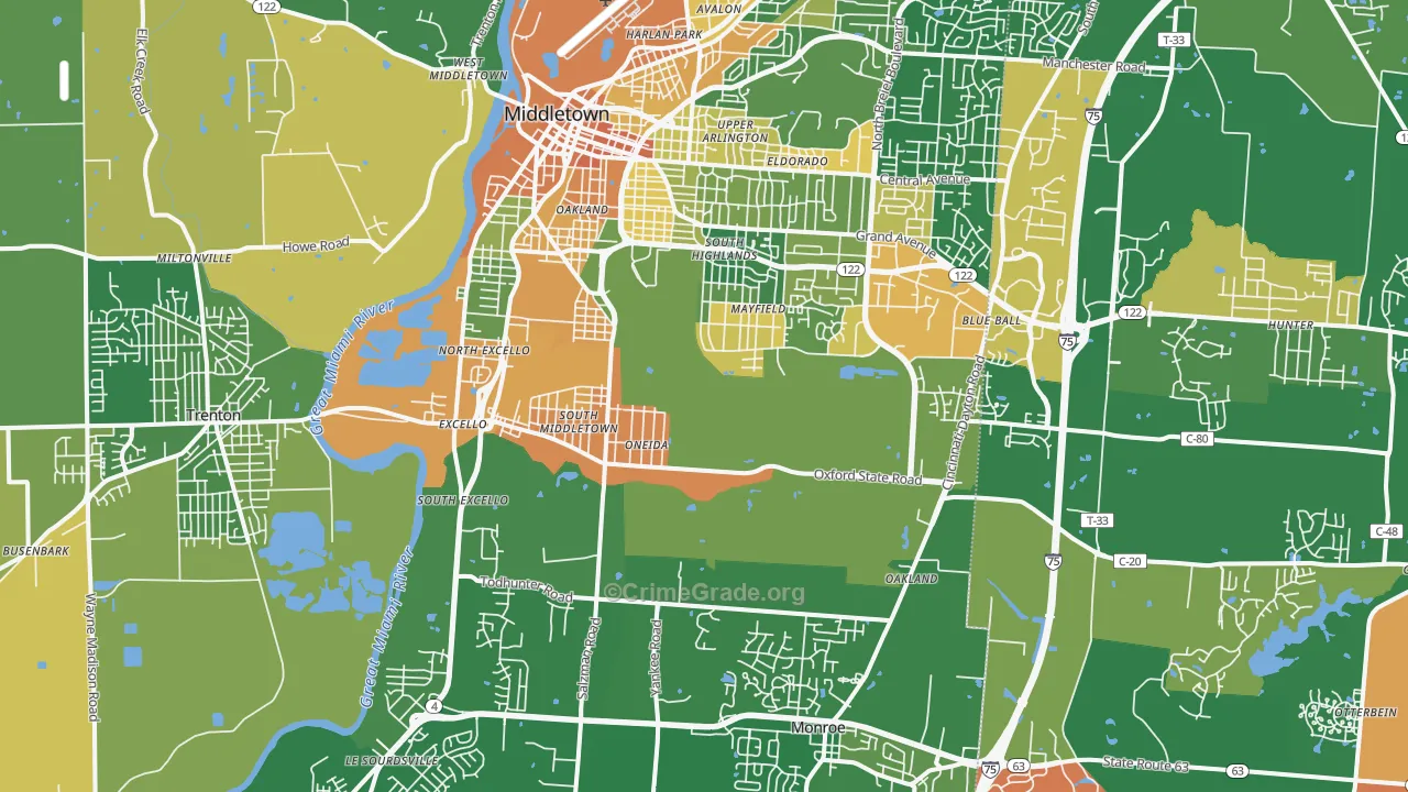 Middletown, OH Map of Robbery Rates