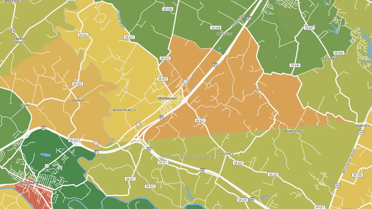 Middletown, VA Map of Robbery Rates