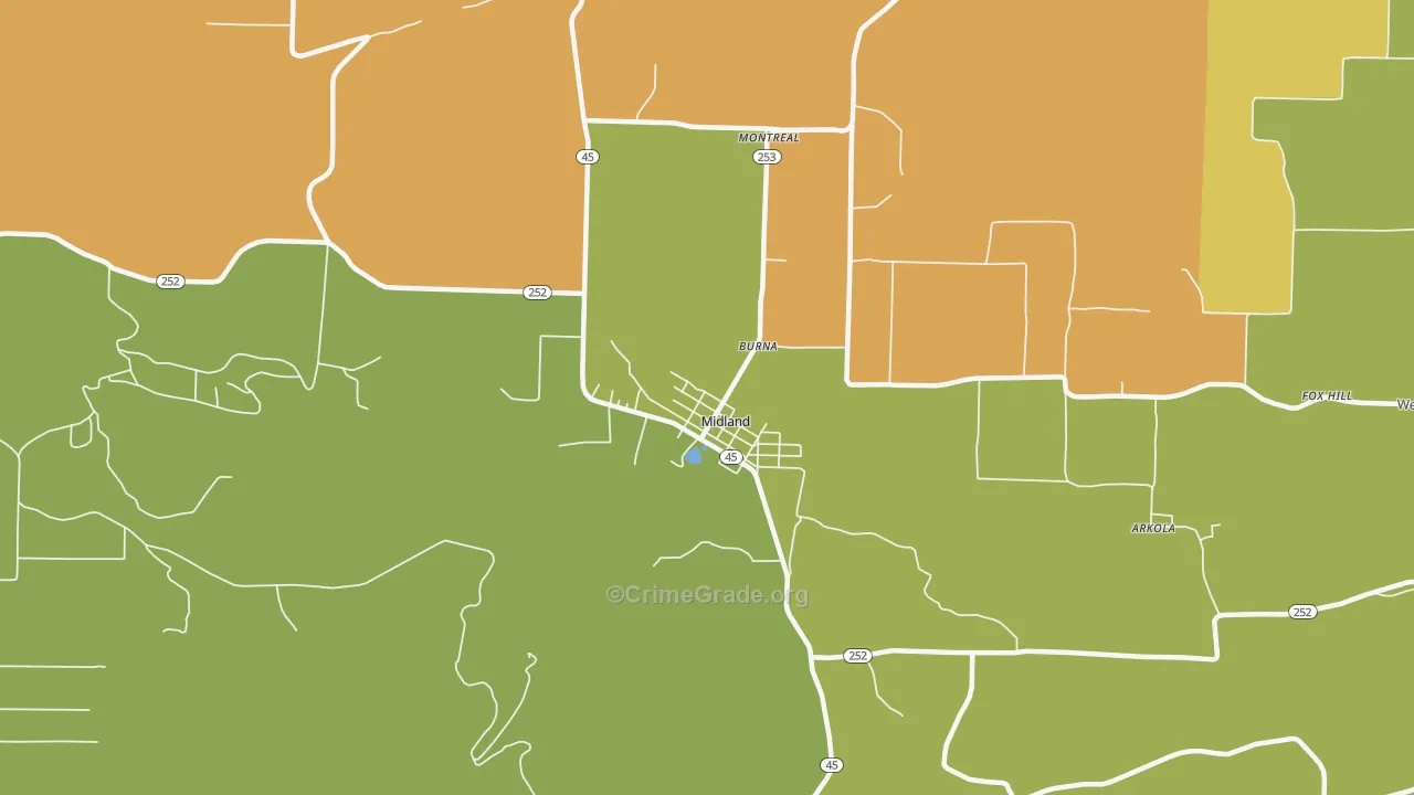 Midland, AR Map of Robbery Rates