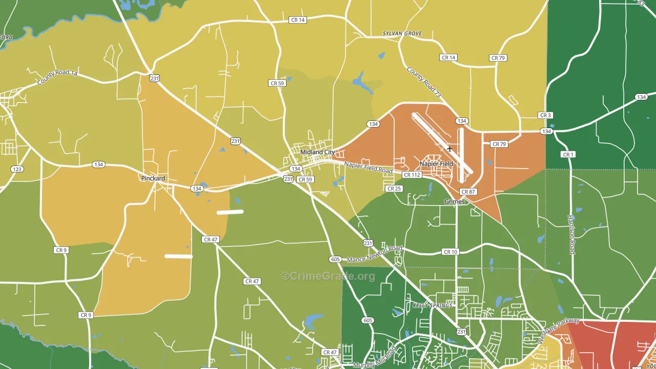 Midland City, AL Map of Robbery Rates