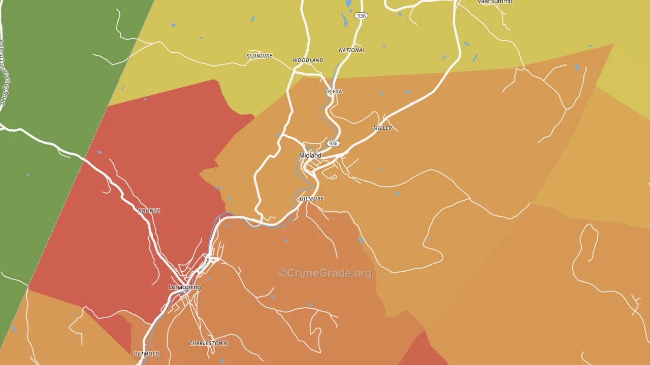 Midland, MD Map of Robbery Rates