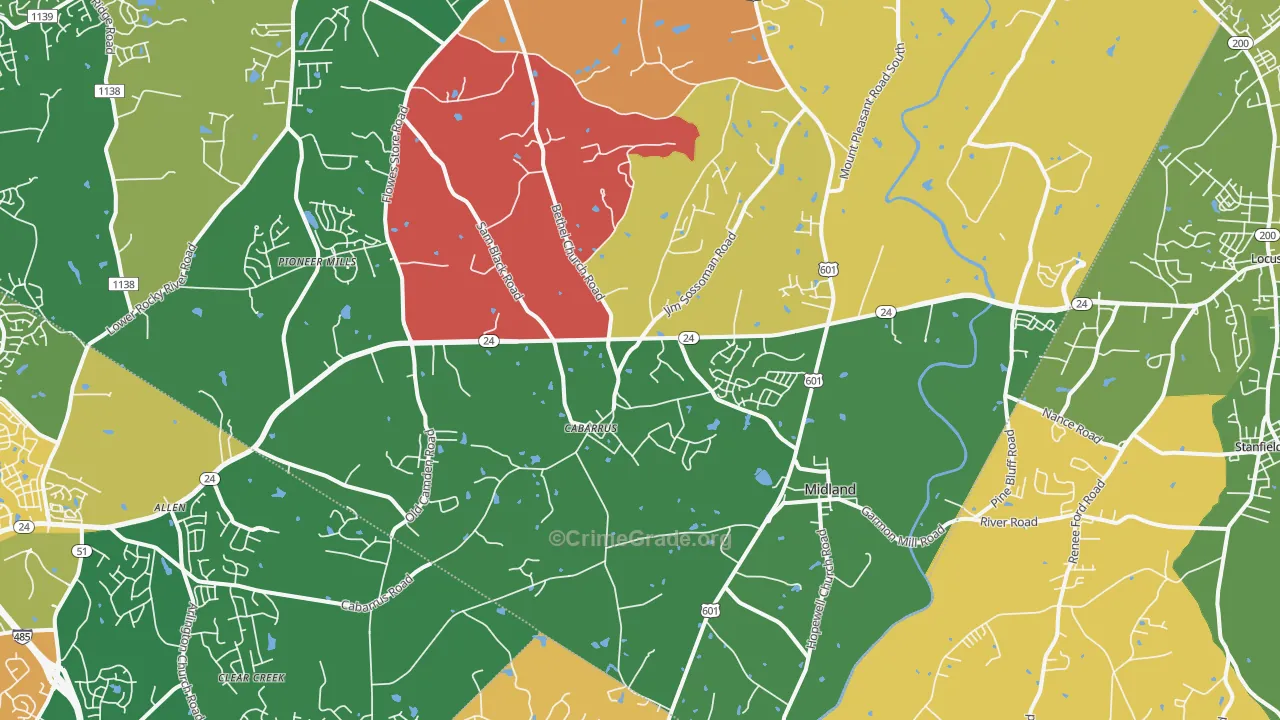 Midland, NC Map of Robbery Rates