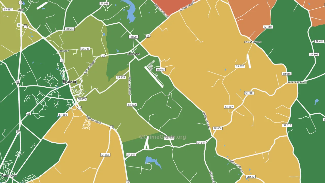 Midland, VA Map of Robbery Rates