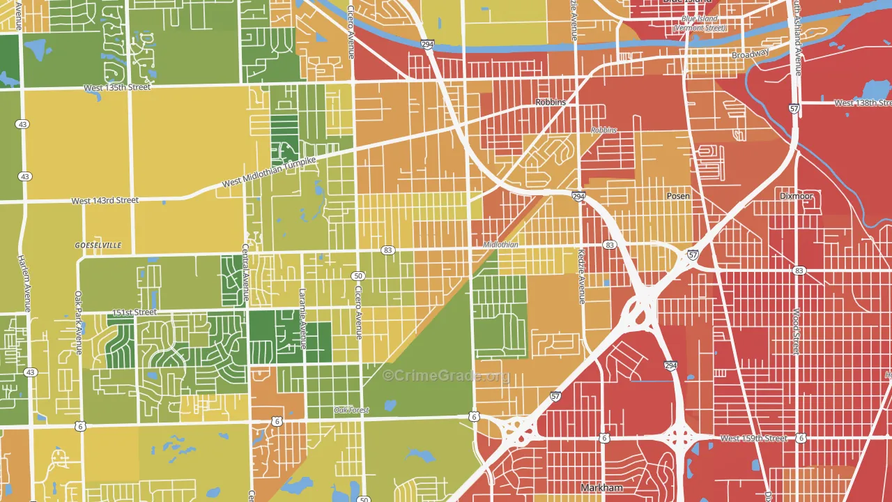 Midlothian, IL Map of Robbery Rates