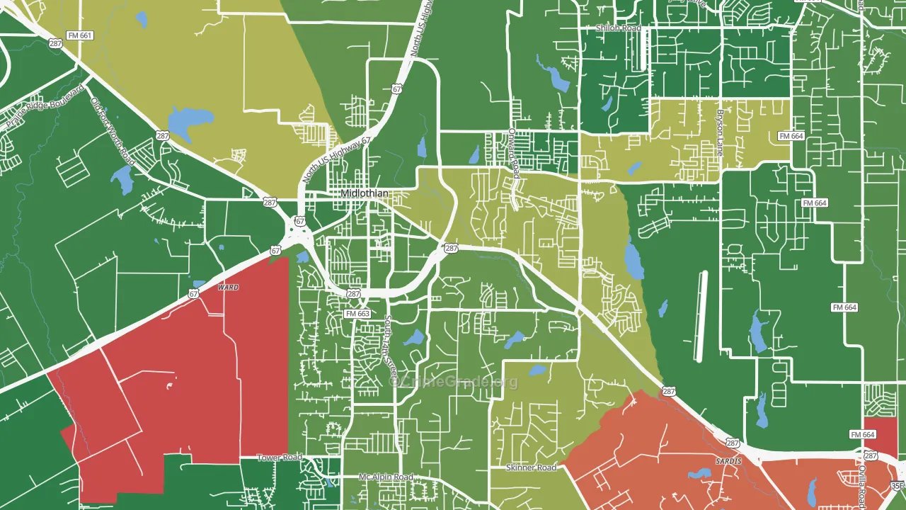 Midlothian, TX Map of Robbery Rates