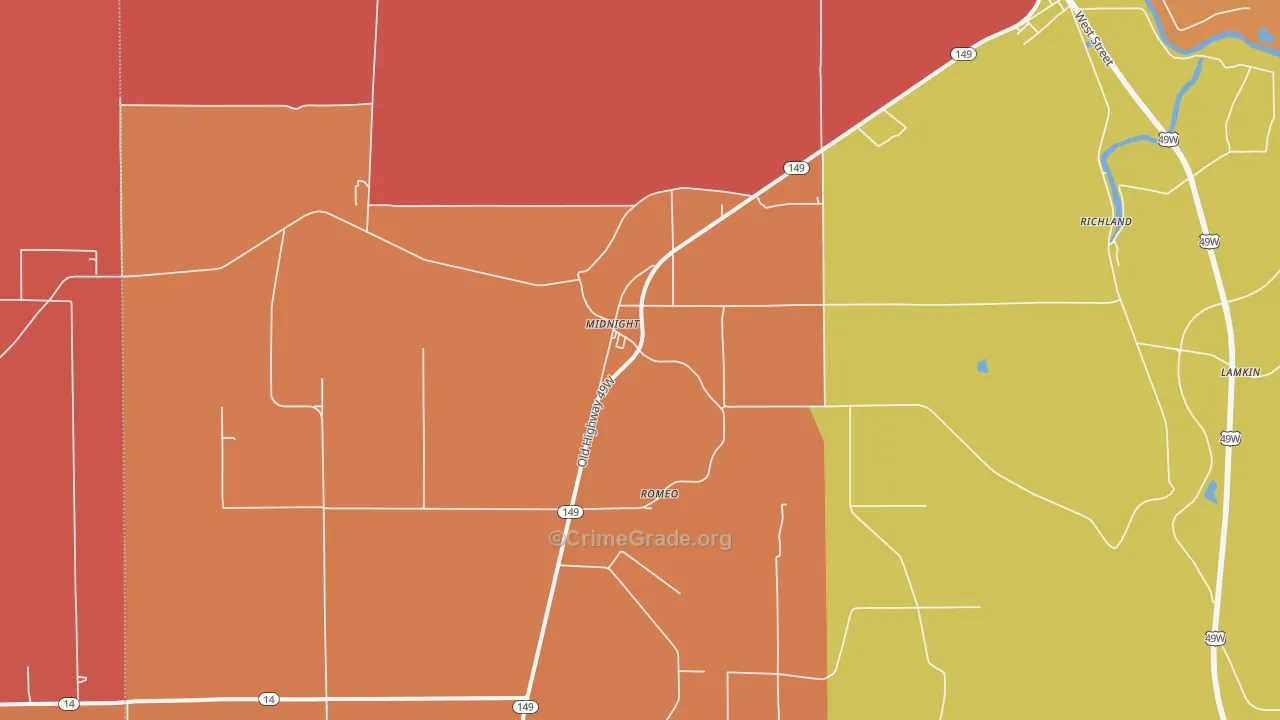 Midnight, MS Map of Robbery Rates